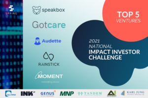2021 National Impact Investor Challenge Top 5 Companies: Gotcare, Speakbox, Audette, RainStick, Moment Energy