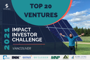 A banner introducing the Top 20 startups of Spring Activator's fall 2021 Vancouver Impact Investor Challenge.