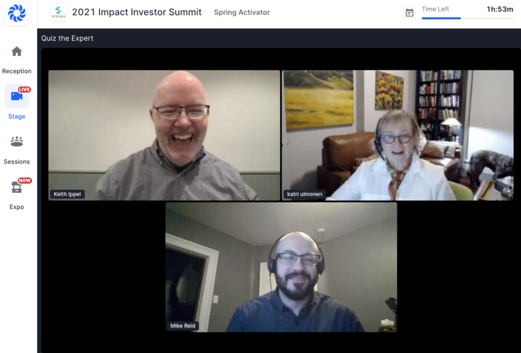 Screenshot of virtual broadcast for Spring’s 2021 Investor Summit, with speakers Keith Ippel, kati ulmonen and Mike Reid smiling. 
